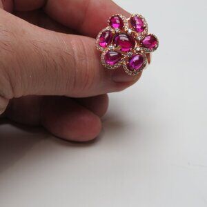 Bright Pink Floral Cluster Ring in Gold Tone